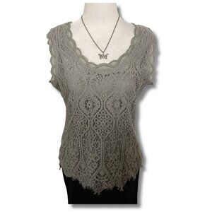 LUNA MOON Grey floral and eyelash lace scoop neck top ~ MEDIUM LARGE shirt
